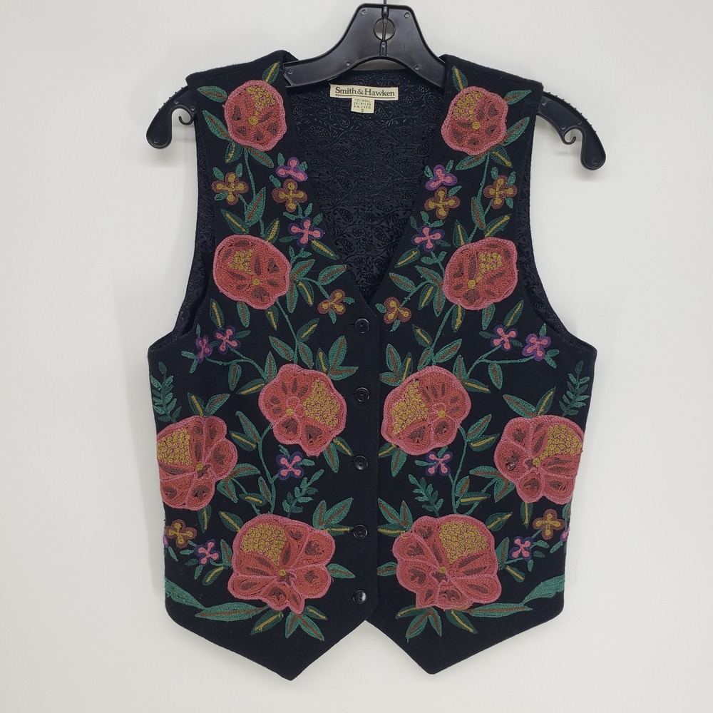 Vintage 90s Smith & Hawken Floral Embroidered Wool Vest Women S Black Button Up